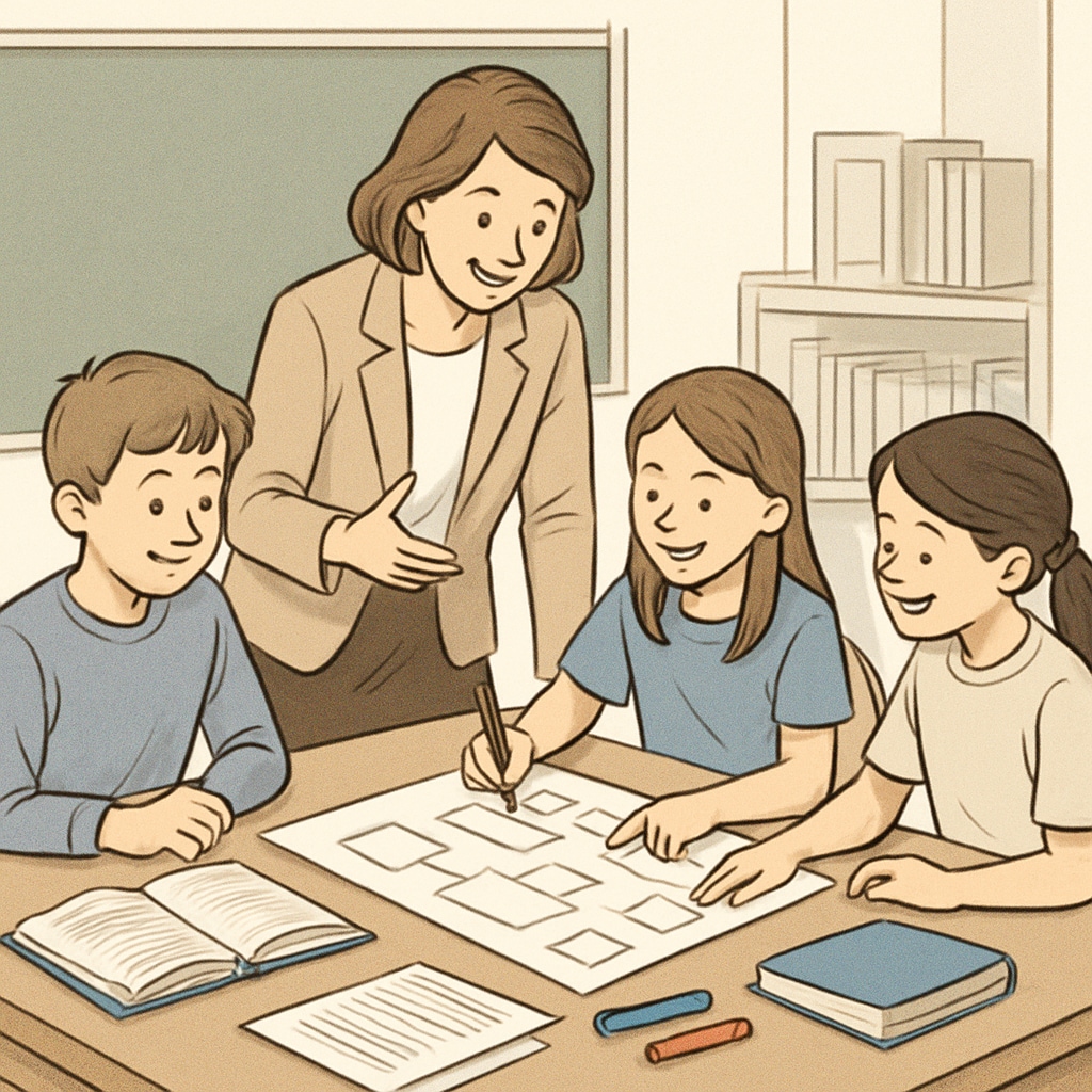 A teacher guiding students through a collaborative project-based learning session. A teacher supporting collaborative learning as part of a K-12 exam reform in the AI era.