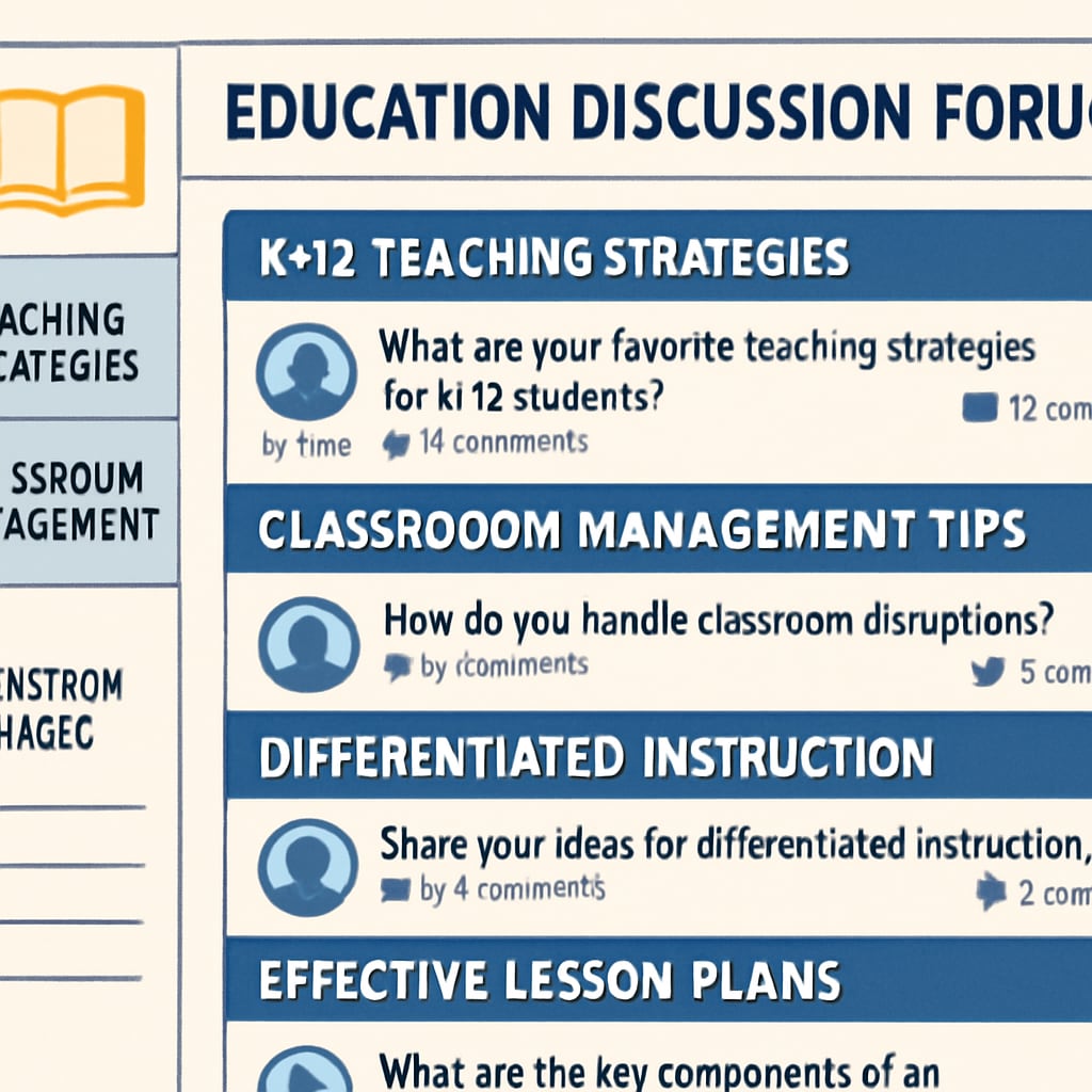 A screenshot of a lively online education discussion forum, highlighting threads about K12 teaching strategies and classroom management tips. Online education community showcasing threads about K12 teaching and classroom strategies.
