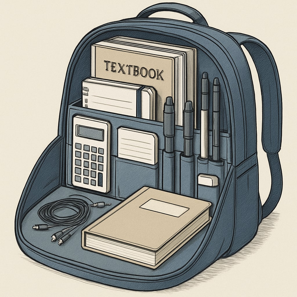 A neatly arranged college bag showcasing its spacious compartments and organized contents. College bag with spacious compartments and organized contents.