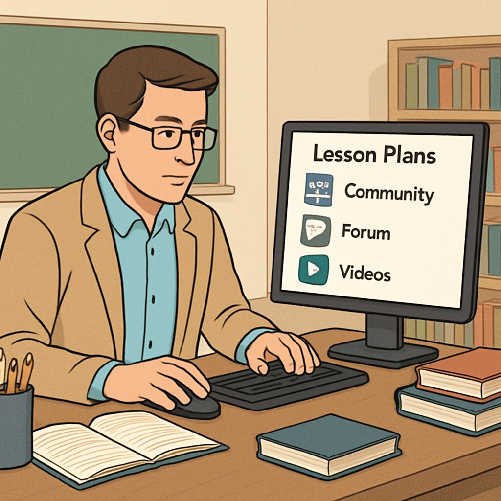 A teacher examining lesson plans on their computer, representing how online communities provide valuable educational resources. Teacher reviewing lesson plans from an educational website.