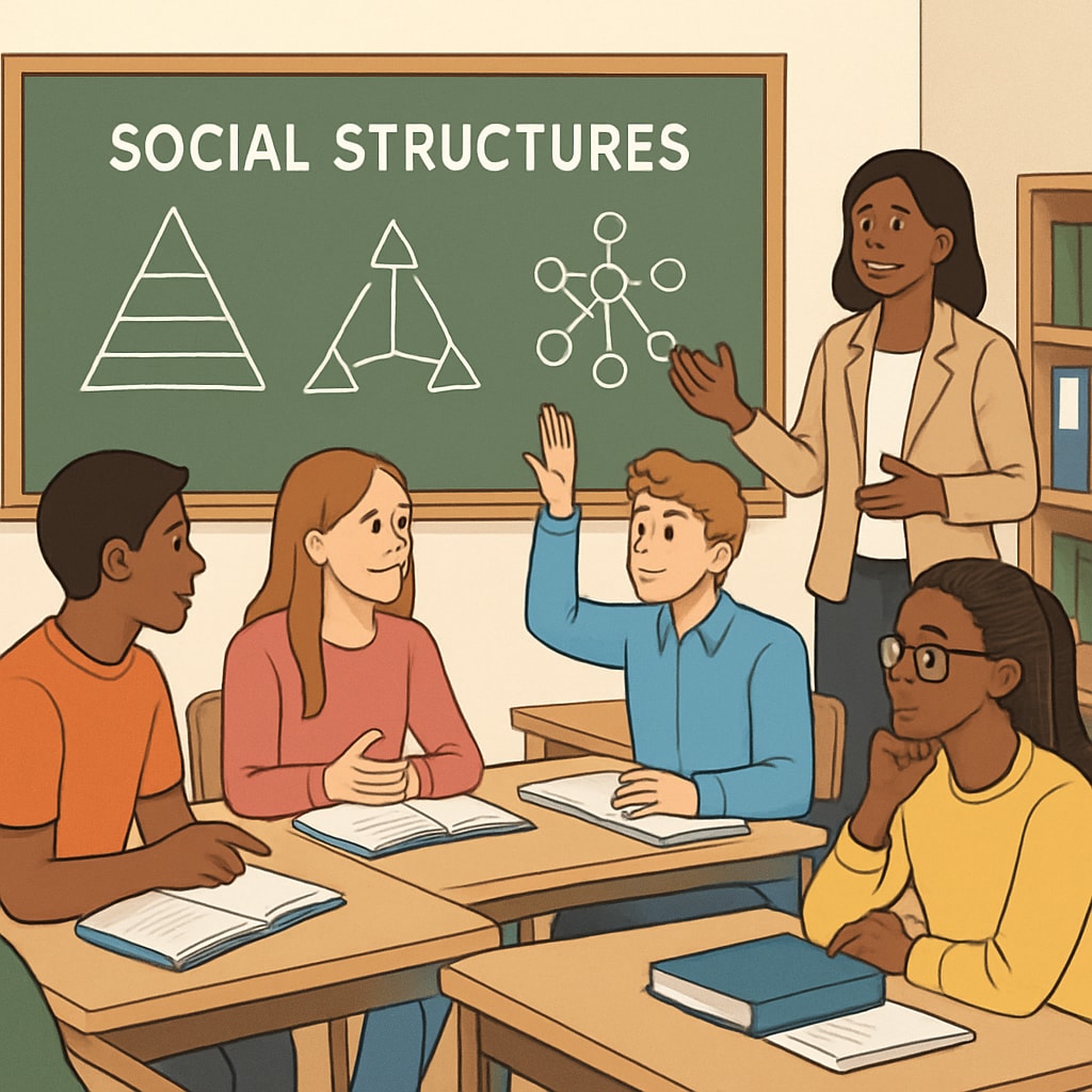 A classroom setting where students are learning about social structures, highlighting engagement and critical thinking. Students learning about social structures in a classroom setting.