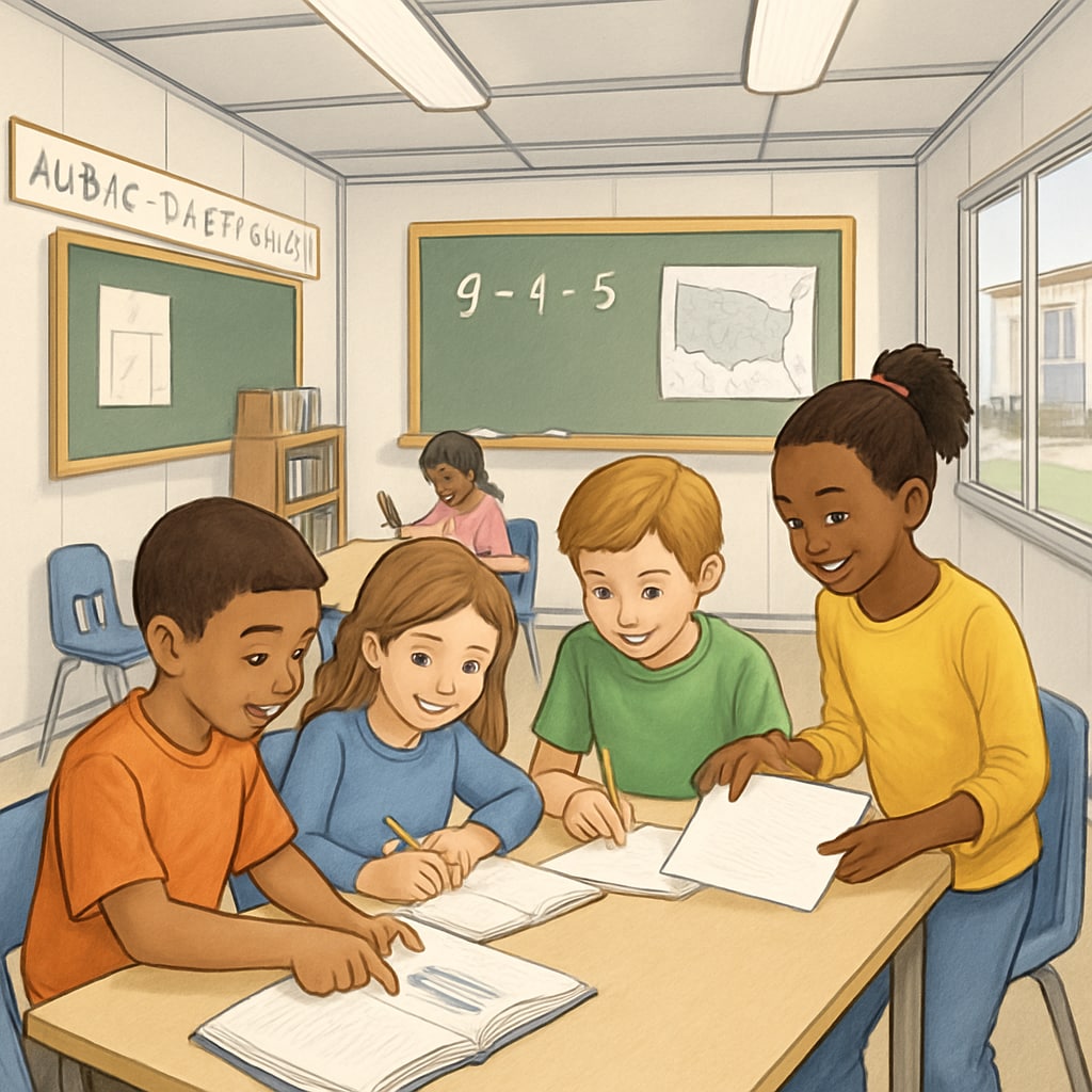 A photograph of children learning and collaborating in a temporary trailer classroom setup. Children in temporary trailer classrooms engaging in collaborative learning.