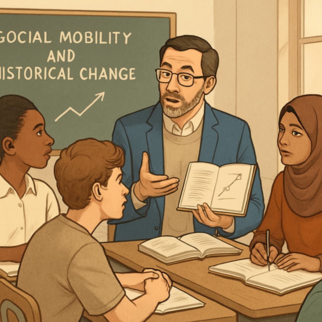 An educator leading a discussion with diverse students about societal mobility and historical change. Educator discussing societal mobility and change with diverse students.
