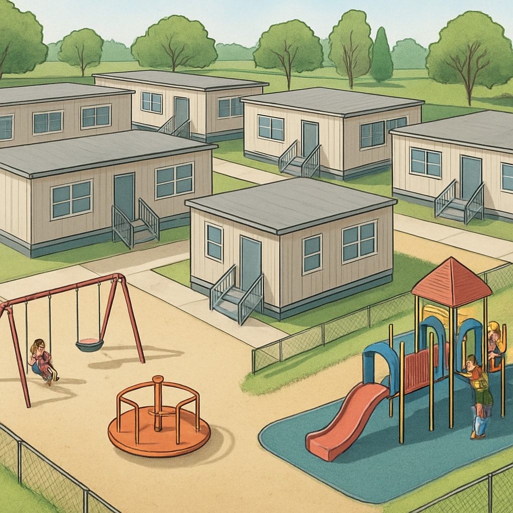 A temporary school campus featuring trailers and outdoor play areas designed for young students. Temporary classrooms and outdoor play areas for relocated elementary students.