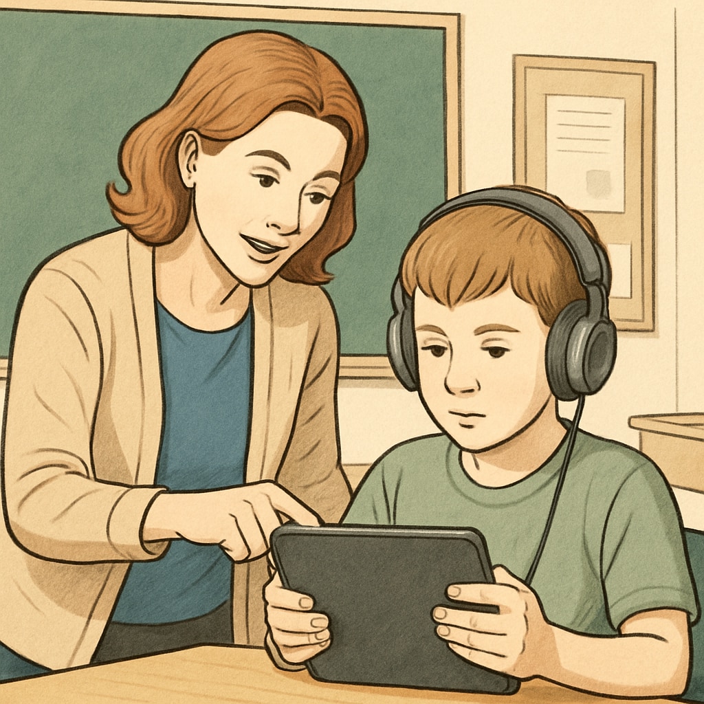Teacher and student working together with assistive technology for educational support.