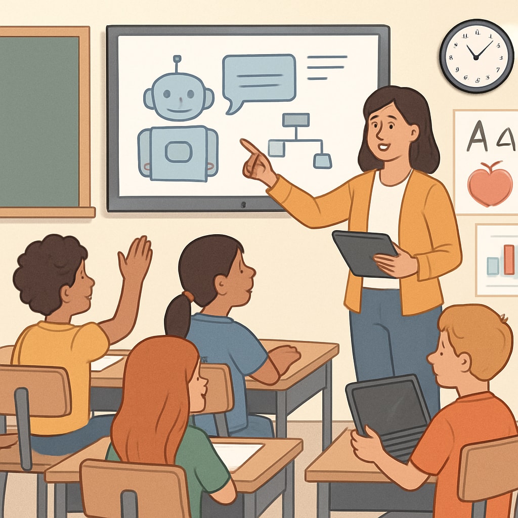 A classroom scene where a teacher uses interactive AI tools to guide students, demonstrating the shift in educator roles. Teacher using interactive AI tools in a classroom setting