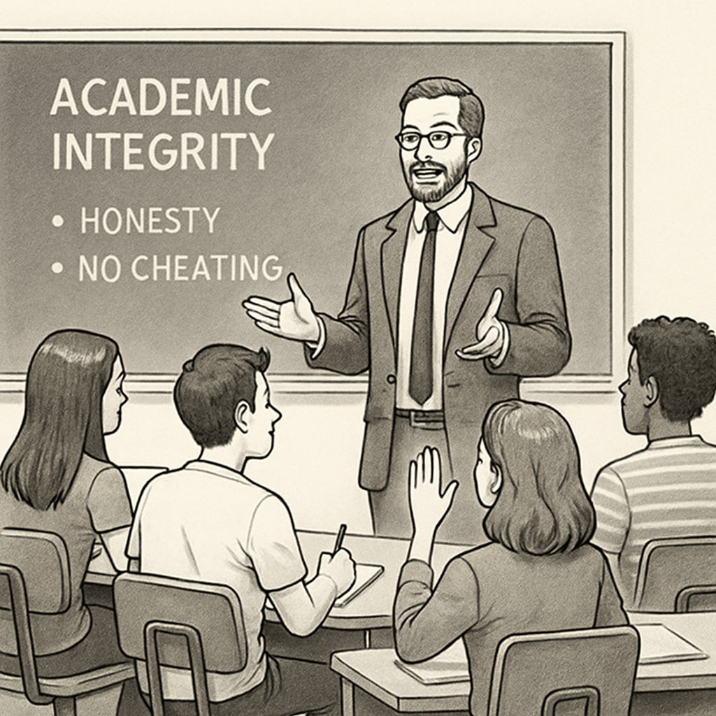 Professor discussing academic integrity in a classroom.