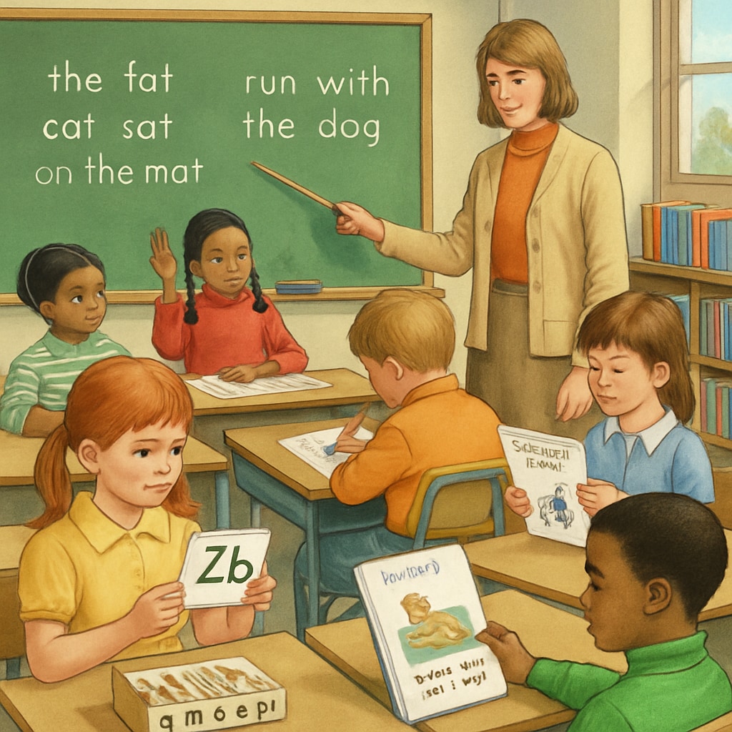 A vintage classroom showing children learning with ITA materials in the 1970s. Children learning using the Initial Teaching Alphabet (ITA) in a 1970s classroom setting.