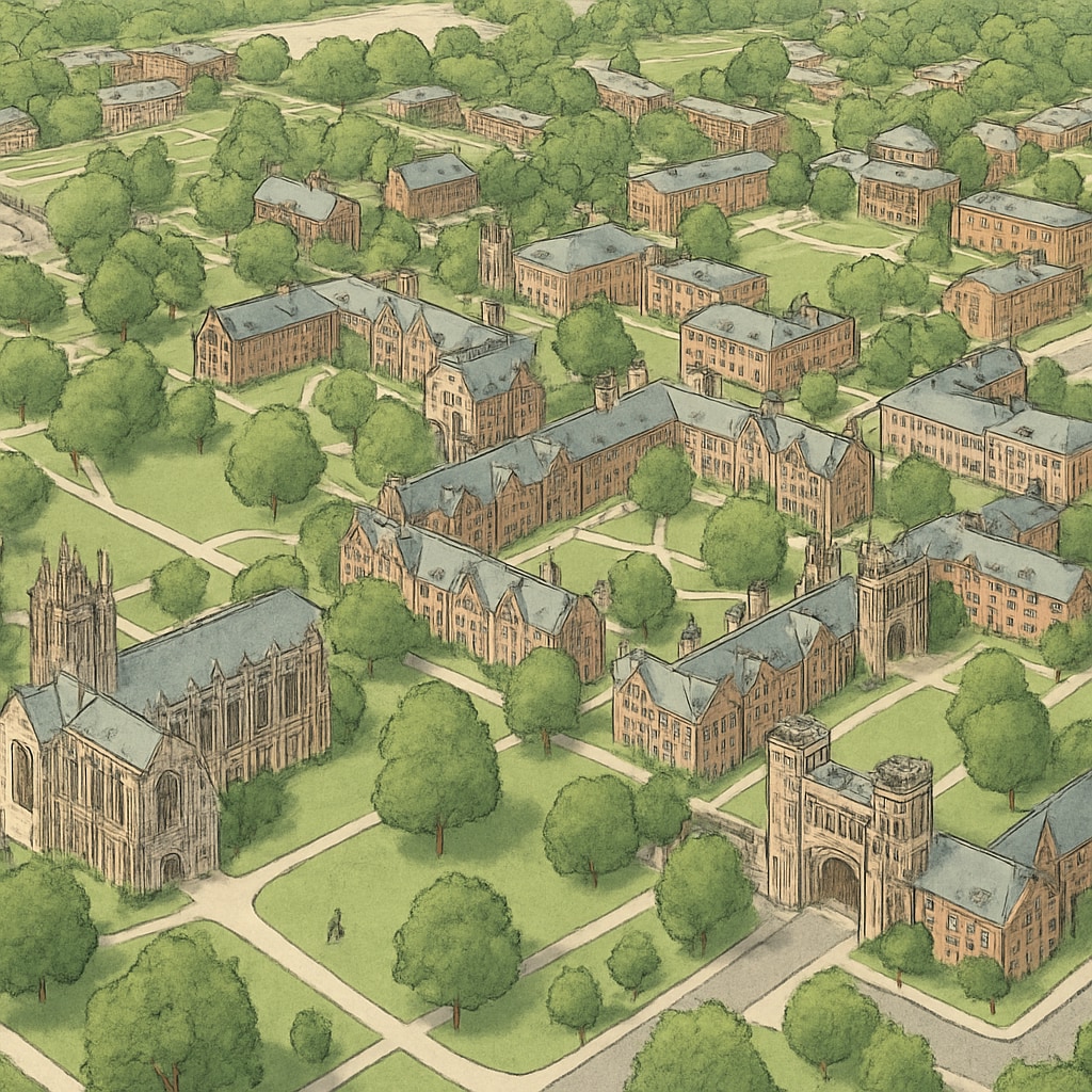 Aerial view of Princeton University campus, showcasing its historic architecture and green spaces. Princeton campus aerial view highlighting Ivy League prestige and history.