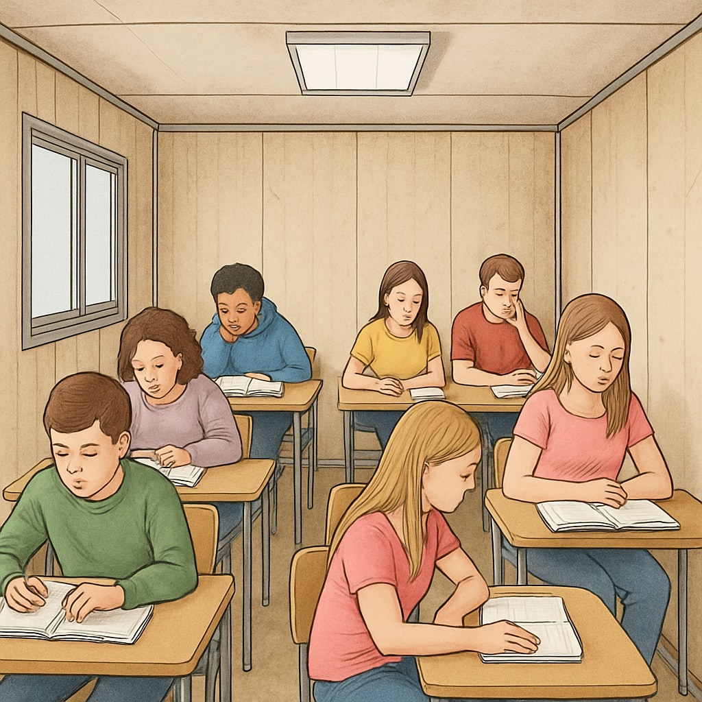 A temporary classroom with students seated at desks in a portable cabin, highlighting the challenges of space and comfort. Portable classroom with students during school renovations, showcasing limited resources.