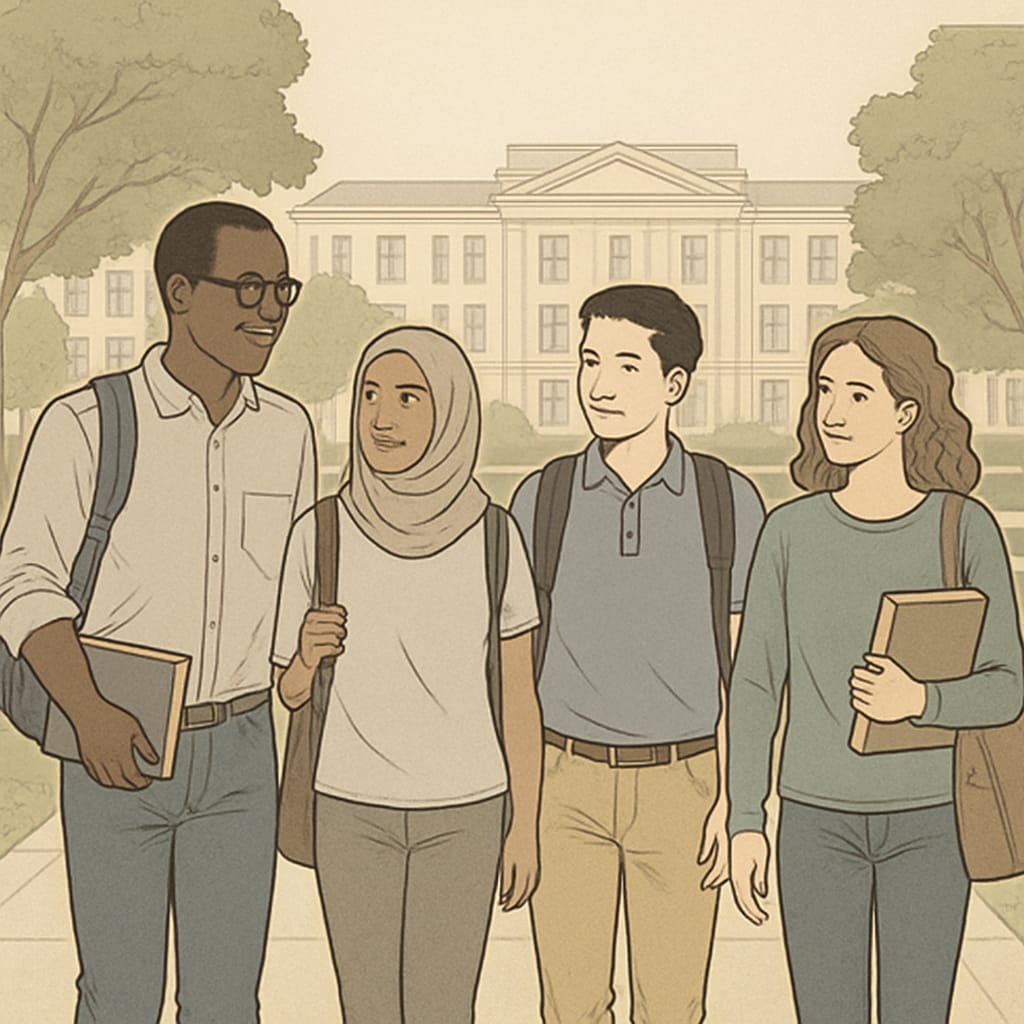 A group of diverse students walking on a university campus, symbolizing inclusivity in higher education. Diverse students on campus reflecting modern education values.
