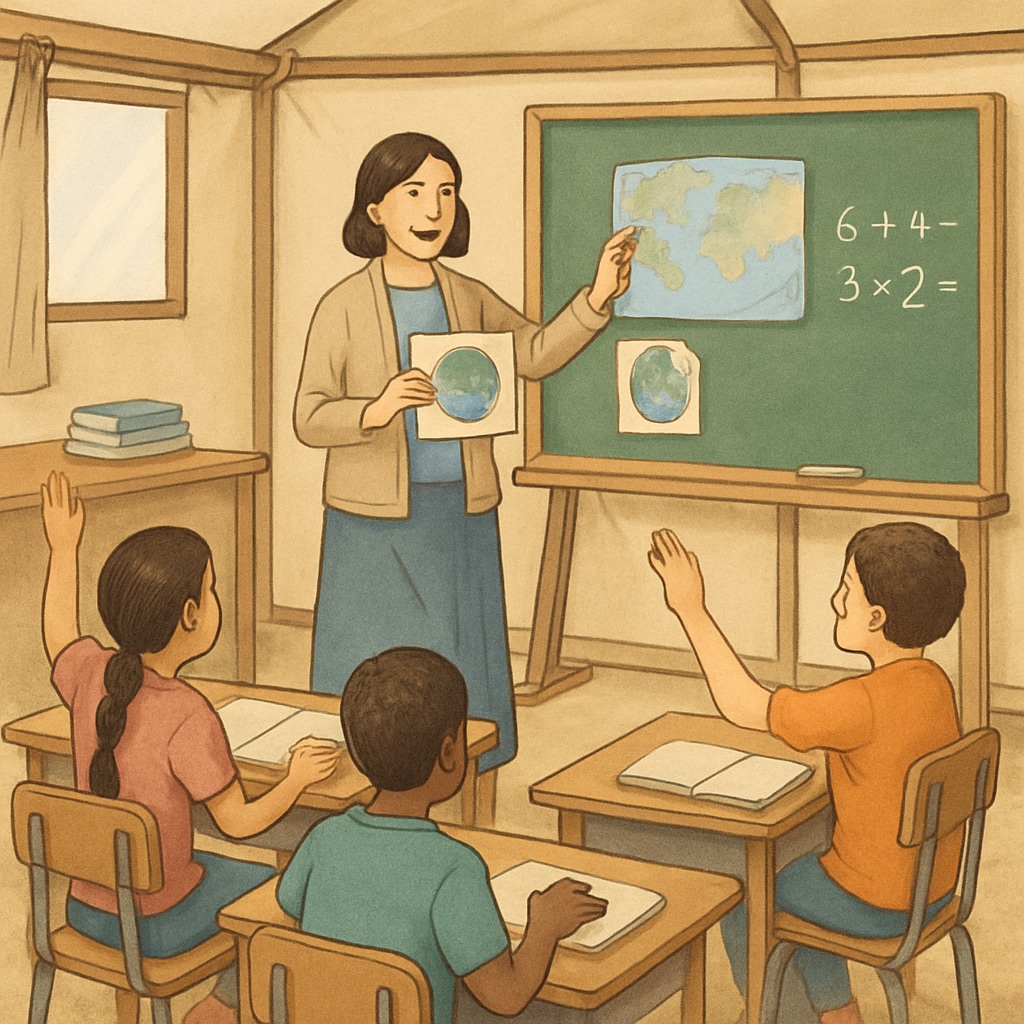 A teacher leading an indoor activity in a temporary classroom, demonstrating how to engage students creatively. Teacher engaging students in a temporary classroom during school renovations.