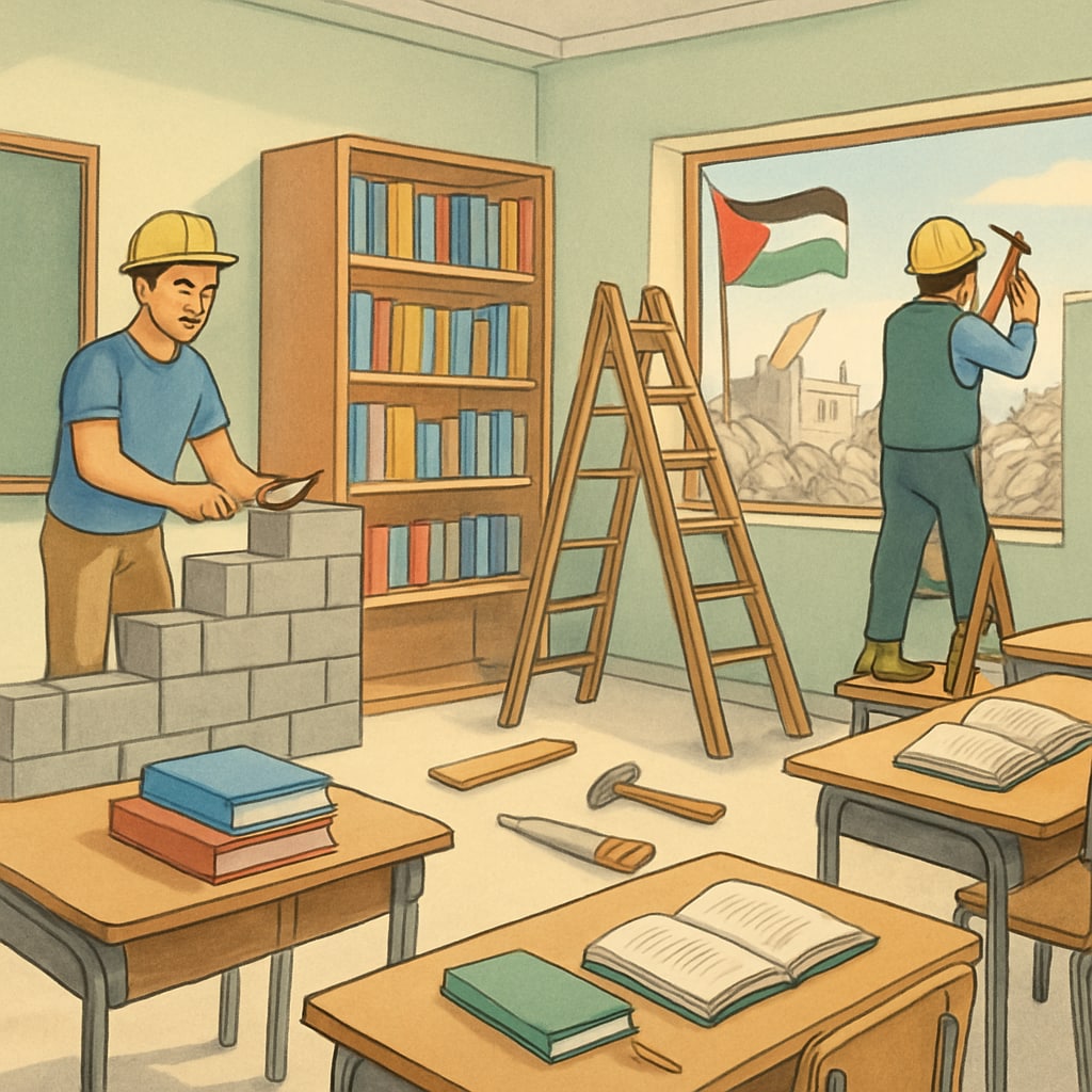 A classroom under reconstruction in Gaza, symbolizing hope and education renewal. Rebuilding education in Gaza with a classroom under construction.