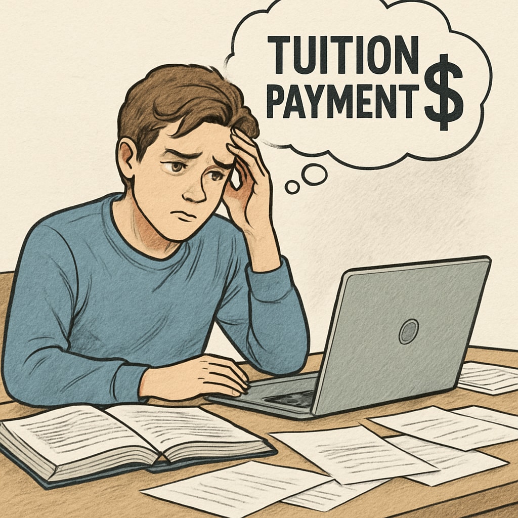 A college student sitting at a desk with a laptop and textbooks, visibly stressed about tuition payments. A stressed college student dealing with tuition challenges and financial aid.