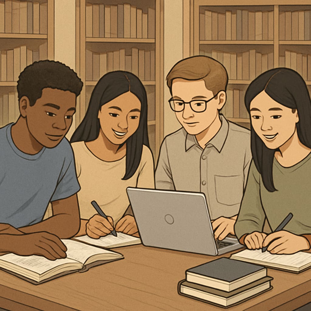 A group of diverse students studying together in a library, symbolizing collaboration and academic growth. Students collaborating in a library, representing academic and personal growth.