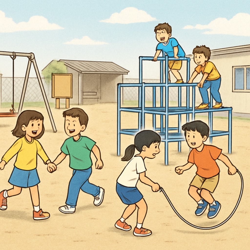 A group of elementary students playing in a temporary schoolyard with minimal facilities. Temporary schoolyard with children playing, highlighting the lack of play facilities during school reconstruction.