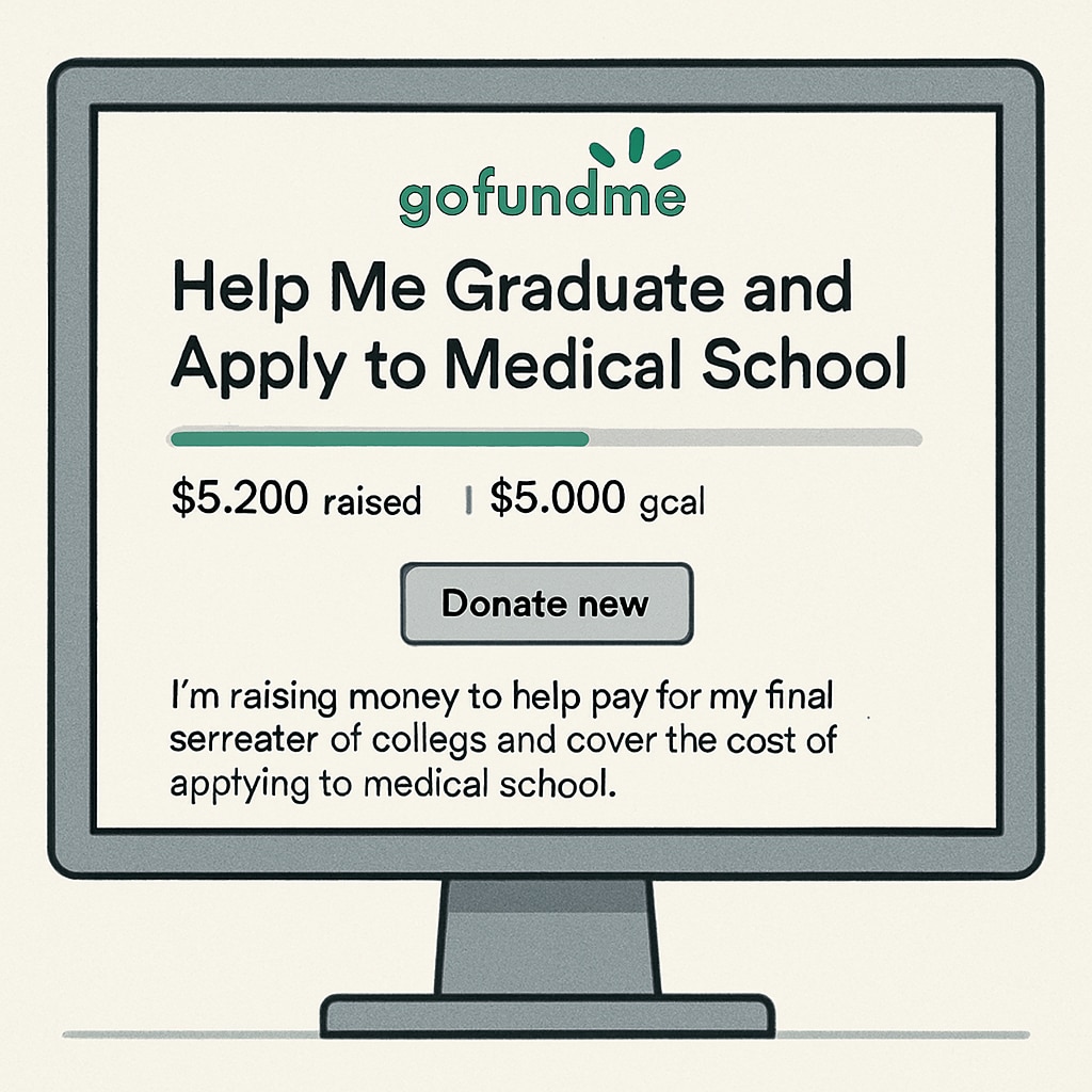 A GoFundMe campaign page on a screen, titled A GoFundMe campaign page focused on raising tuition funds for medical school applications.
