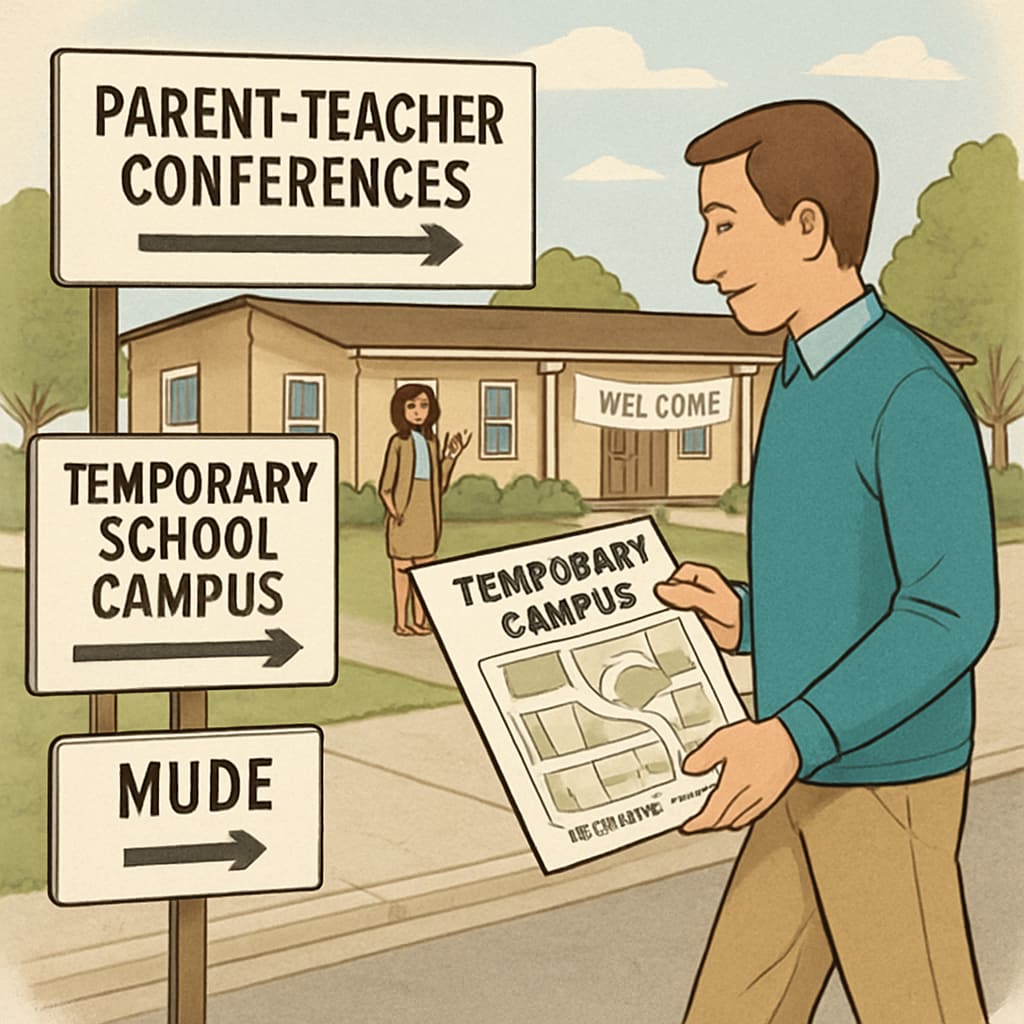 A parent attempting to navigate a temporary school campus during a parent-teacher conference. Parent navigating a temporary school campus, showing challenges of parental involvement during reconstruction.