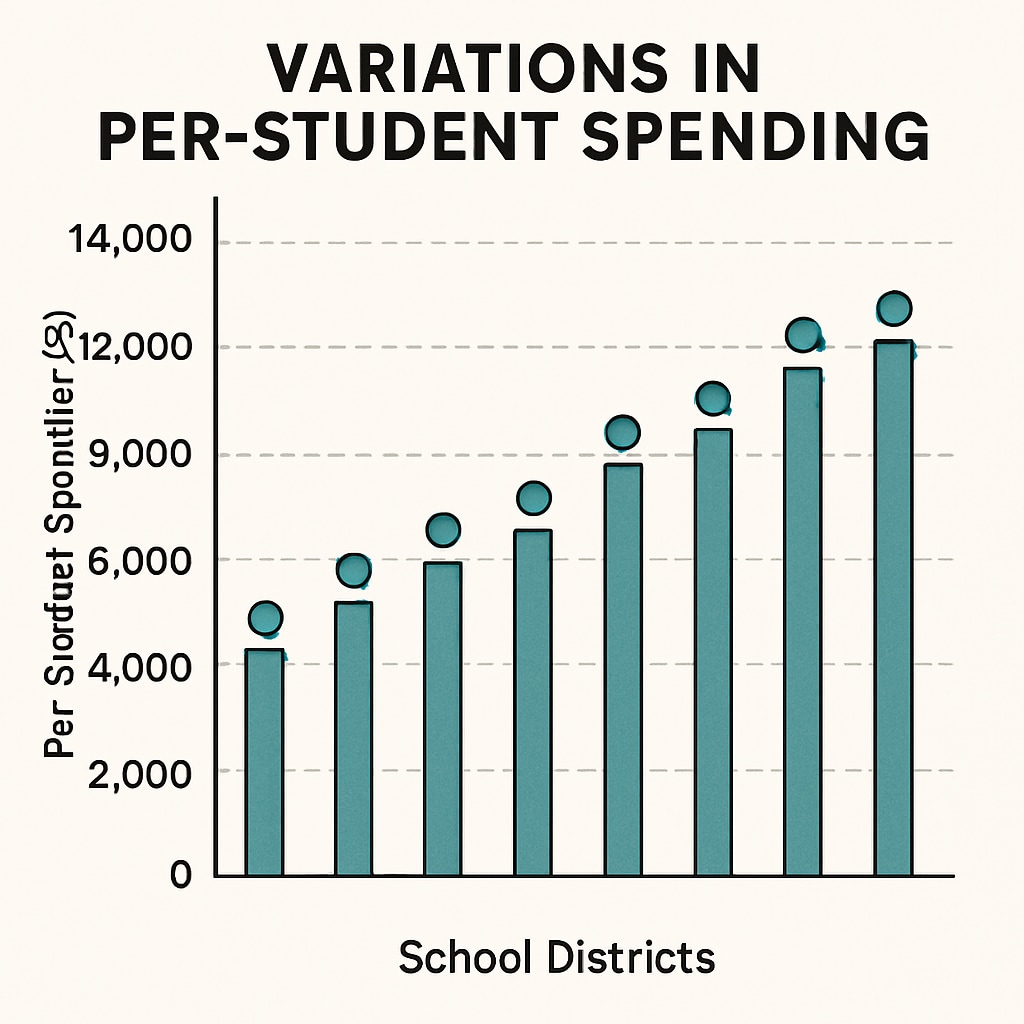 A graph showing variations in per-student spending across different school districts, highlighting disparities and potential inefficiencies. Graph displaying per-student spending differences in school districts, emphasizing funding and transparency issues.