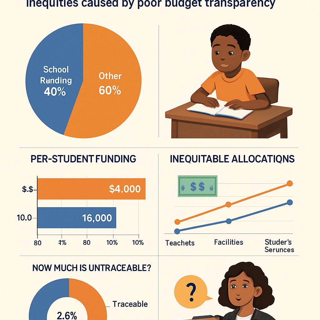 An infographic showing the distribution of educational funding in underserved areas, illustrating inequities caused by poor budget transparency. Infographic depicting education funding allocation in underserved communities, linking to transparency challenges.