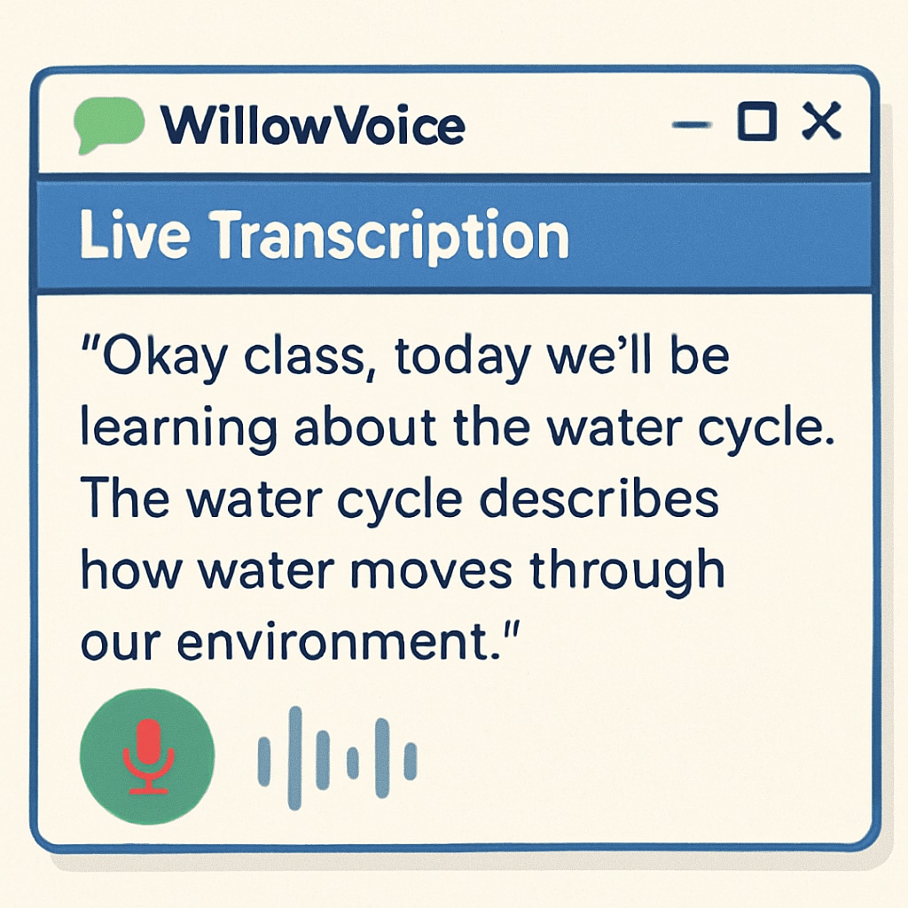 WillowVoice interface demonstrating speech-to-text functionality for teachers.