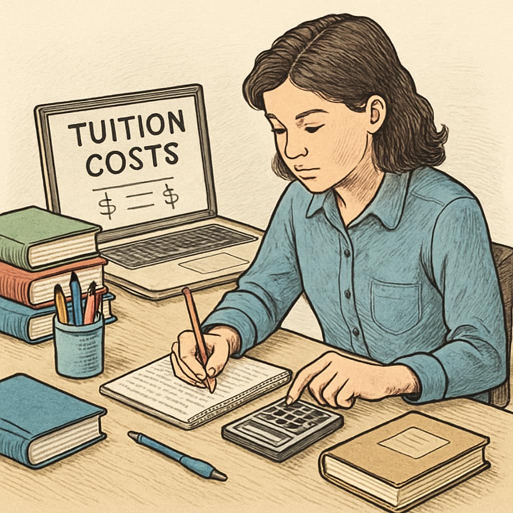 Student calculating tuition costs while planning for medical school.