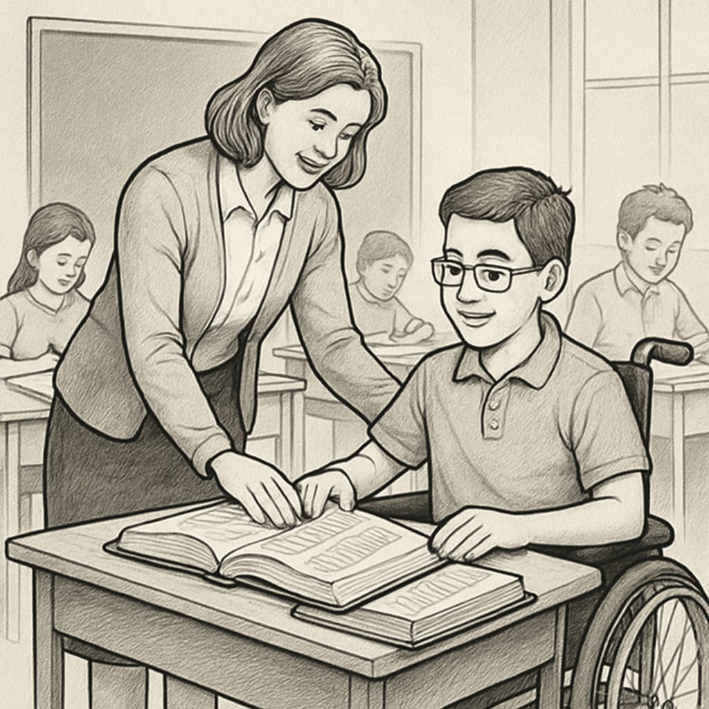 Special needs student learning medicine in a supportive classroom setting.