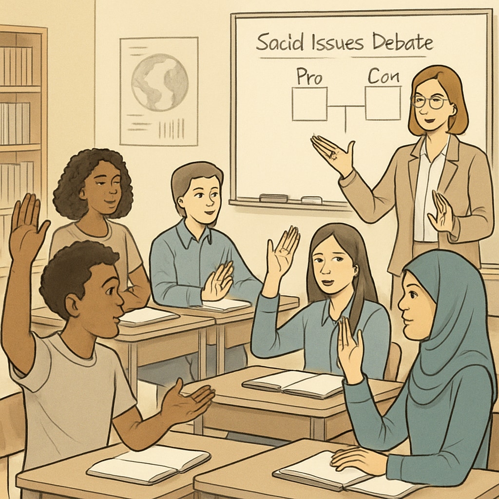 A classroom discussion with students engaging in a debate about social issues, emphasizing inclusivity and diverse perspectives. Students debating social issues in a classroom setting.