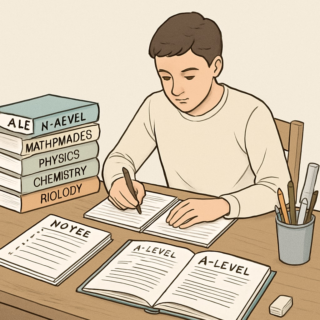 A student studying for A-level exams at a desk, surrounded by textbooks and notes. Student preparing for A-level retakes with study materials.