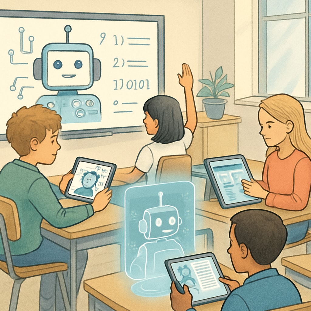 A classroom setting where students interact with AI-powered learning tools, emphasizing the shift in educational methods. Classroom with students engaging in AI-powered learning tools, highlighting education reform.