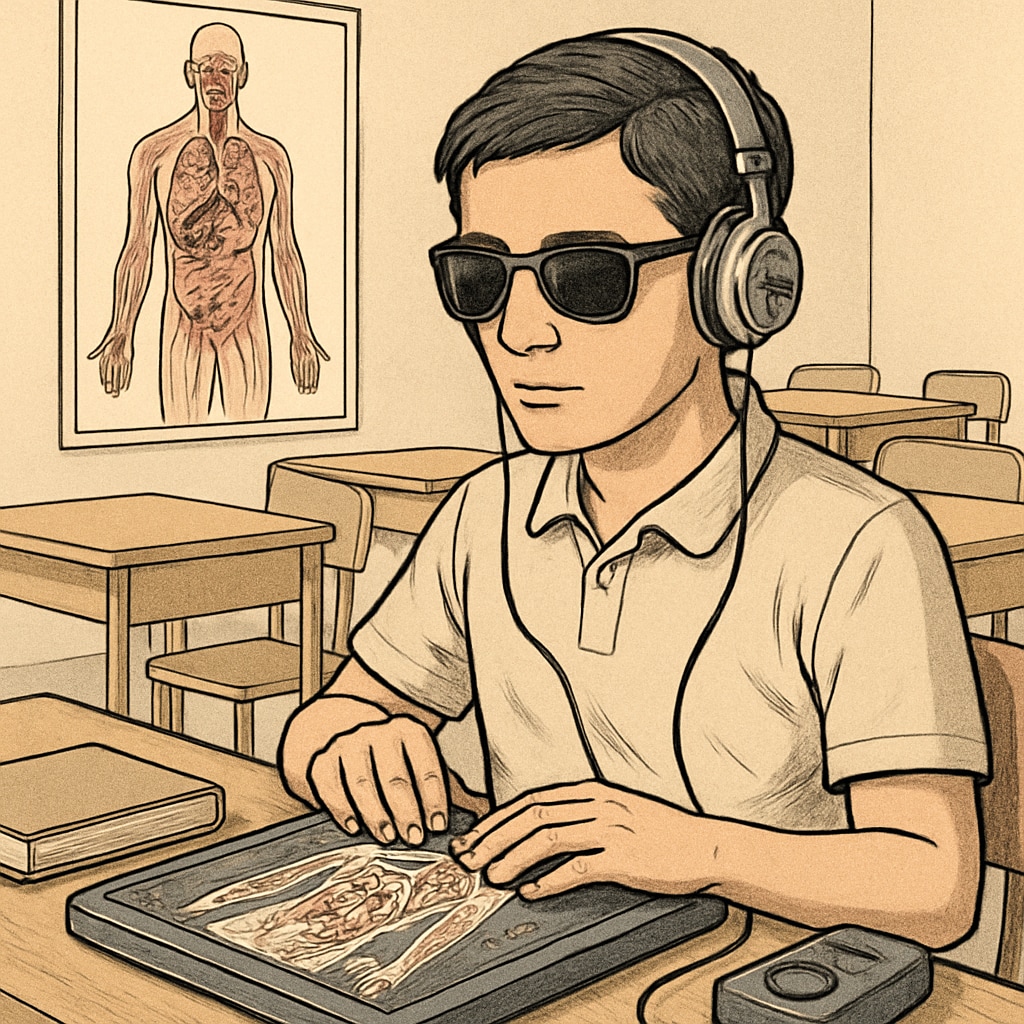 Visually impaired student studying anatomy with adaptive technology.