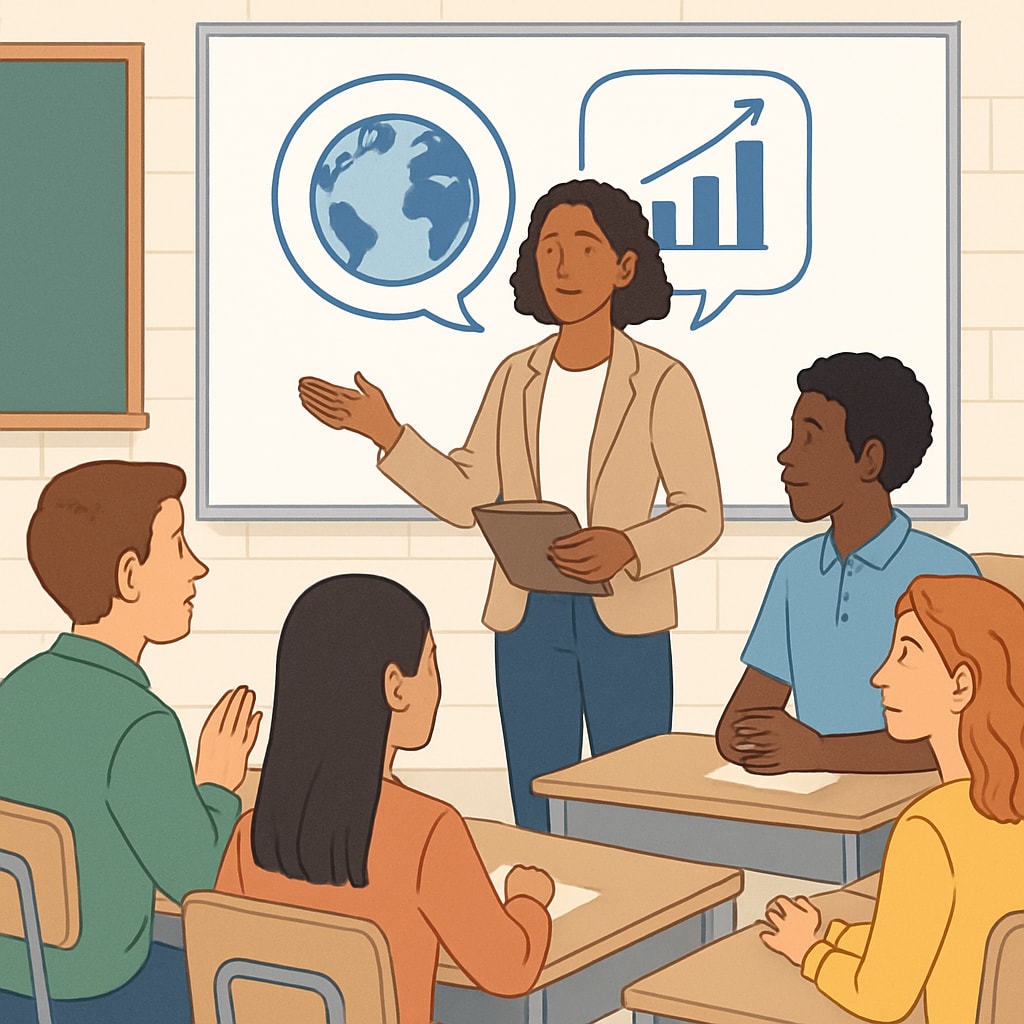 A teacher guiding students through a discussion on challenging societal topics, such as climate change and inequality. Teacher and students discussing societal challenges in a classroom.