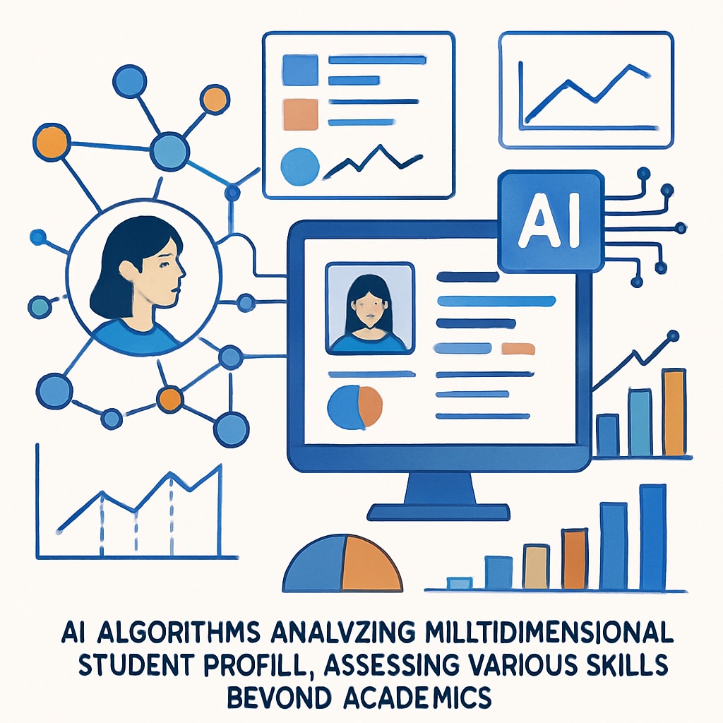 A graphical representation of AI algorithms analyzing multidimensional student profiles to assess skills beyond academics. AI algorithms evaluating student profiles for diverse skill sets beyond academics.