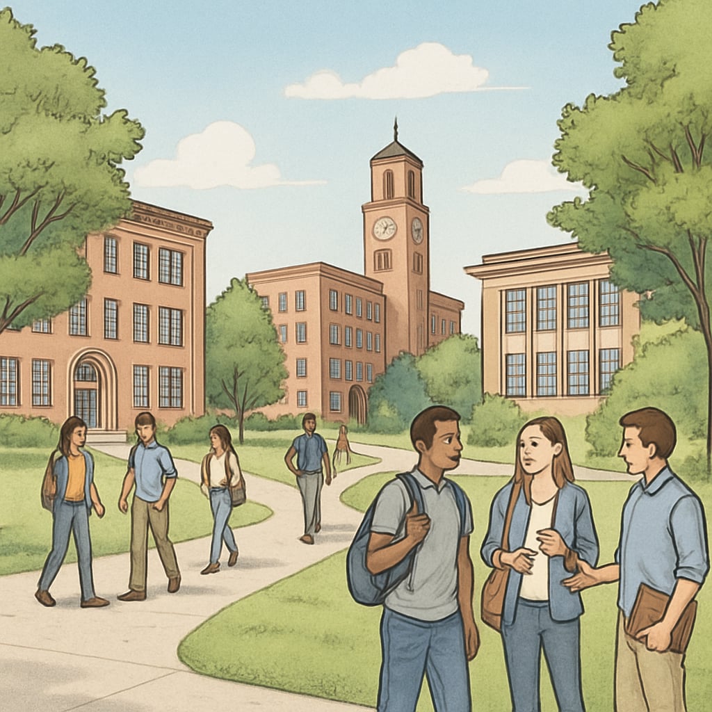 A university campus with students walking and engaging in group discussions. A diverse group of students on a university campus.