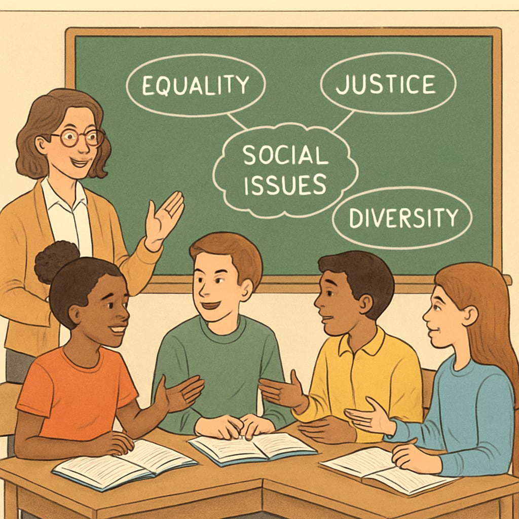 A classroom setting where students are engaged in a discussion about social issues, highlighting the integration of wokeness into education. Students discussing social issues in a classroom, related to wokeness in schools.