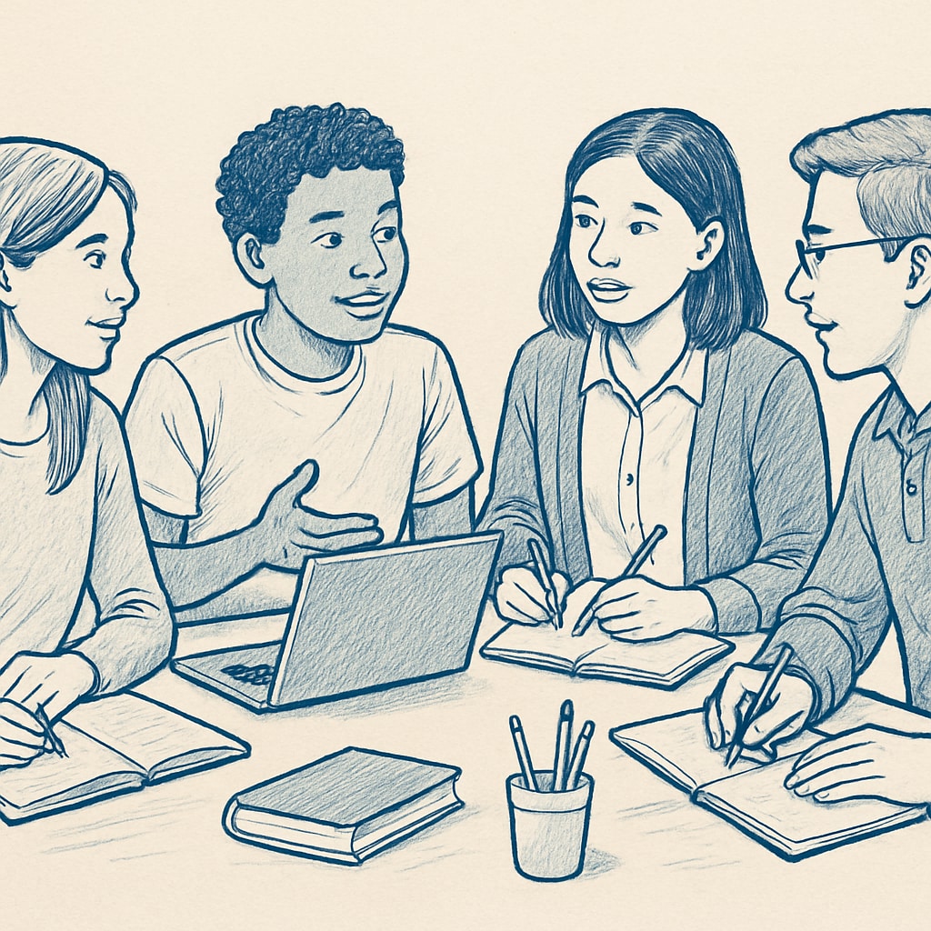 A group of students sitting together, discussing academic topics, and using laptops for collaborative work. Students participating in a learning group discussing academic topics at the University of Houston.