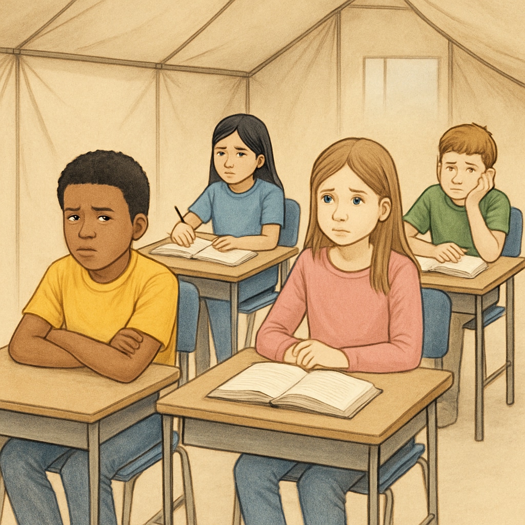 Temporary classroom environment for elementary students adjusting to high school-style surroundings.