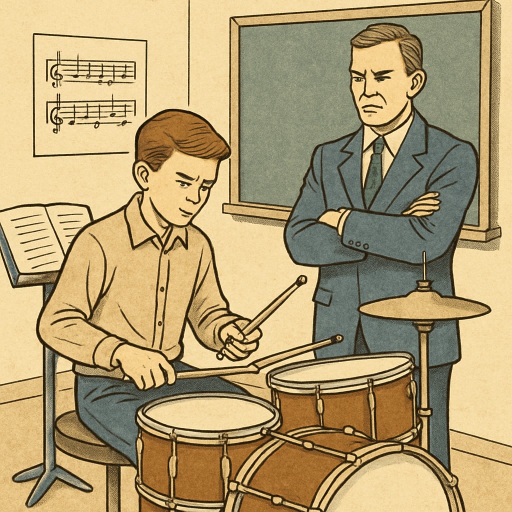 Rigorous teaching methods in education represented by a strict teacher guiding a student.