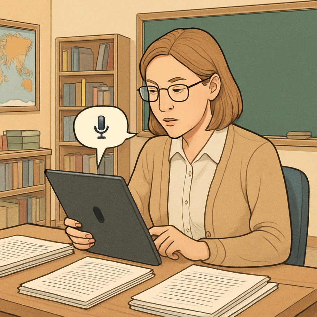 Teacher utilizing speech-to-text education tools for grading assignments.