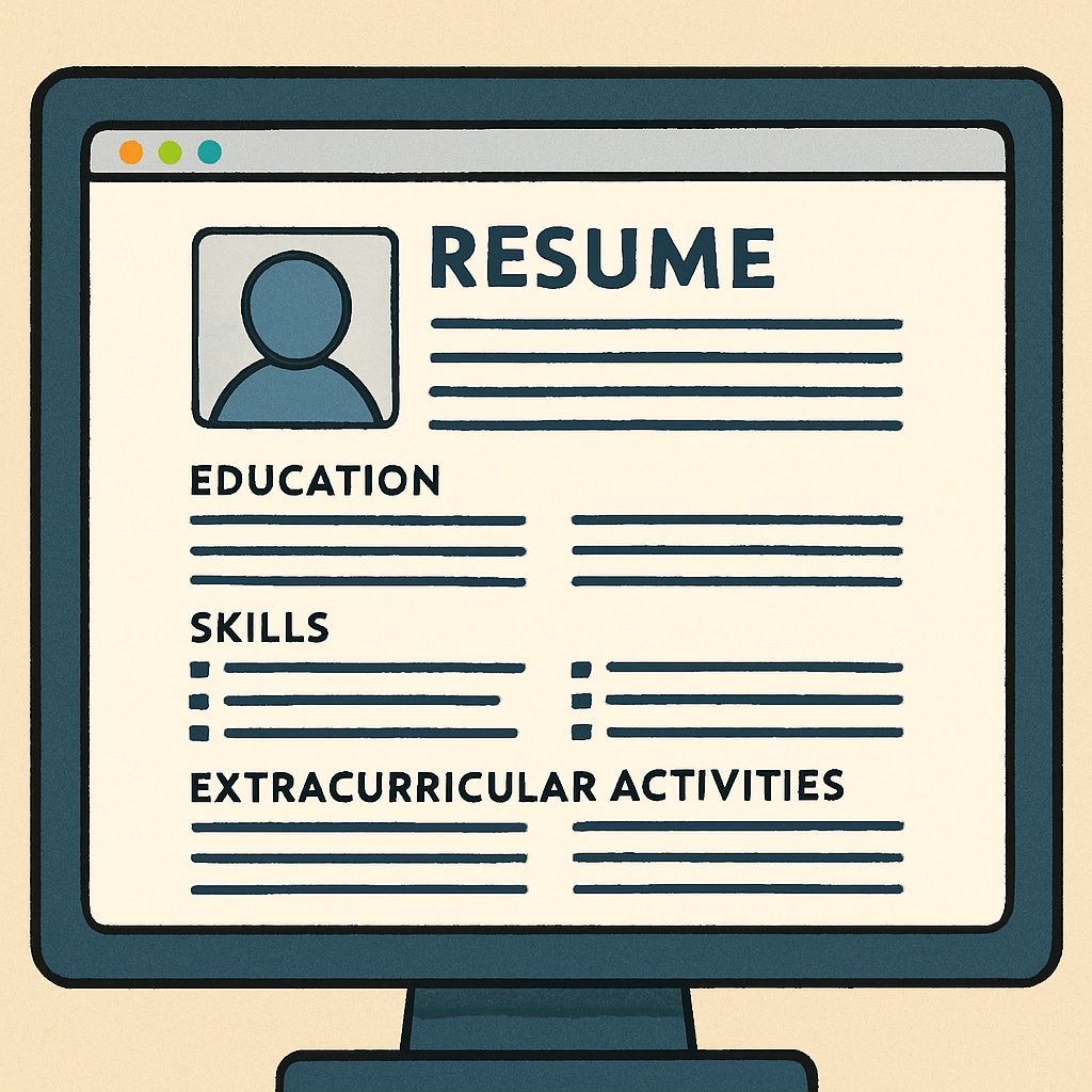 Resume template on a computer screen with sections for education and activities.