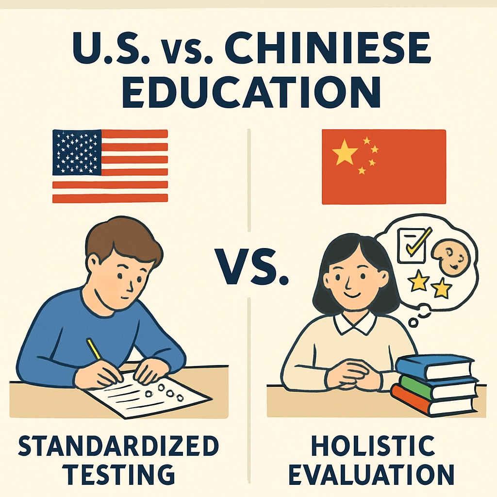 A comparison chart illustrating the differences between U.S. and Chinese education systems, focusing on standardized testing vs. holistic evaluation. Comparison chart of U.S. and Chinese education systems showing standardized testing and holistic evaluation.