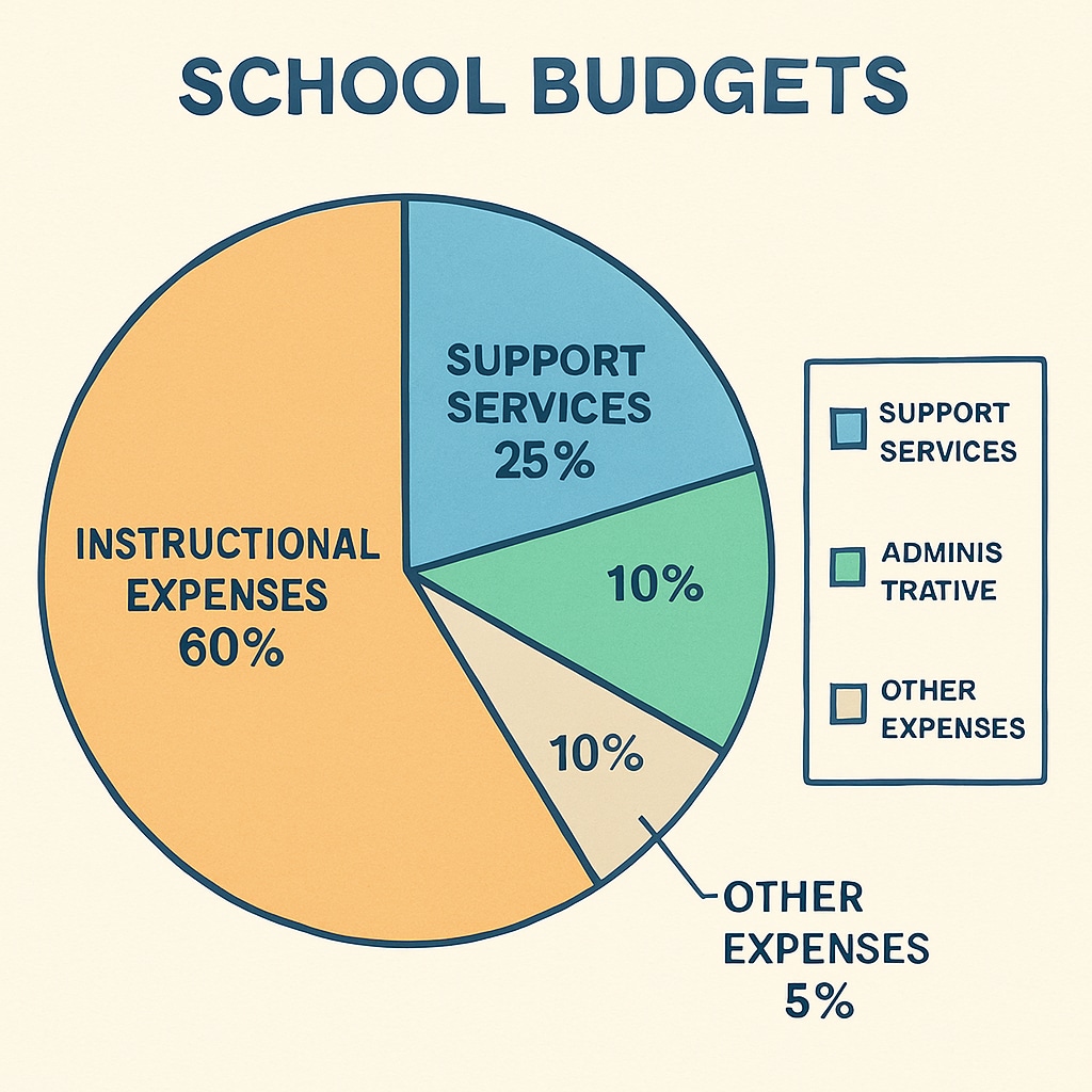 A chart showing the breakdown of school budgets, including instructional and administrative expenses.