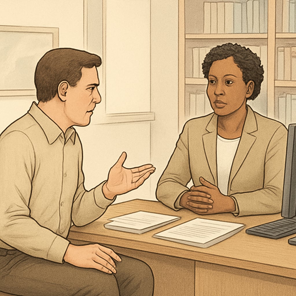 A frustrated parent at a school office, trying to address transfer issues. An image showing a parent discussing school transfer challenges with staff, illustrating barriers in district communication.