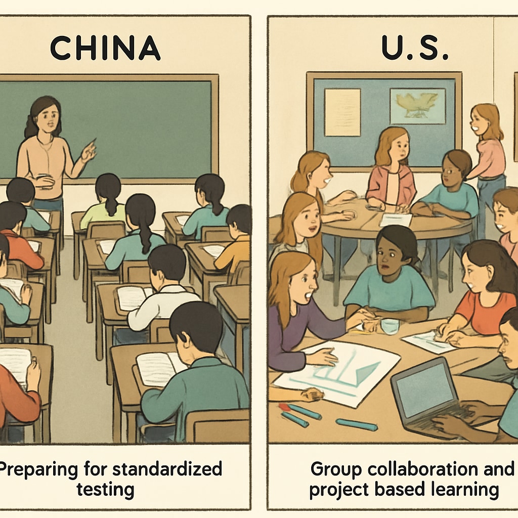 A classroom in China where students prepare for standardized testing contrasted with a U.S. classroom emphasizing group collaboration and project-based learning. Image of Chinese and U.S. classrooms highlighting standardized testing versus collaborative learning.