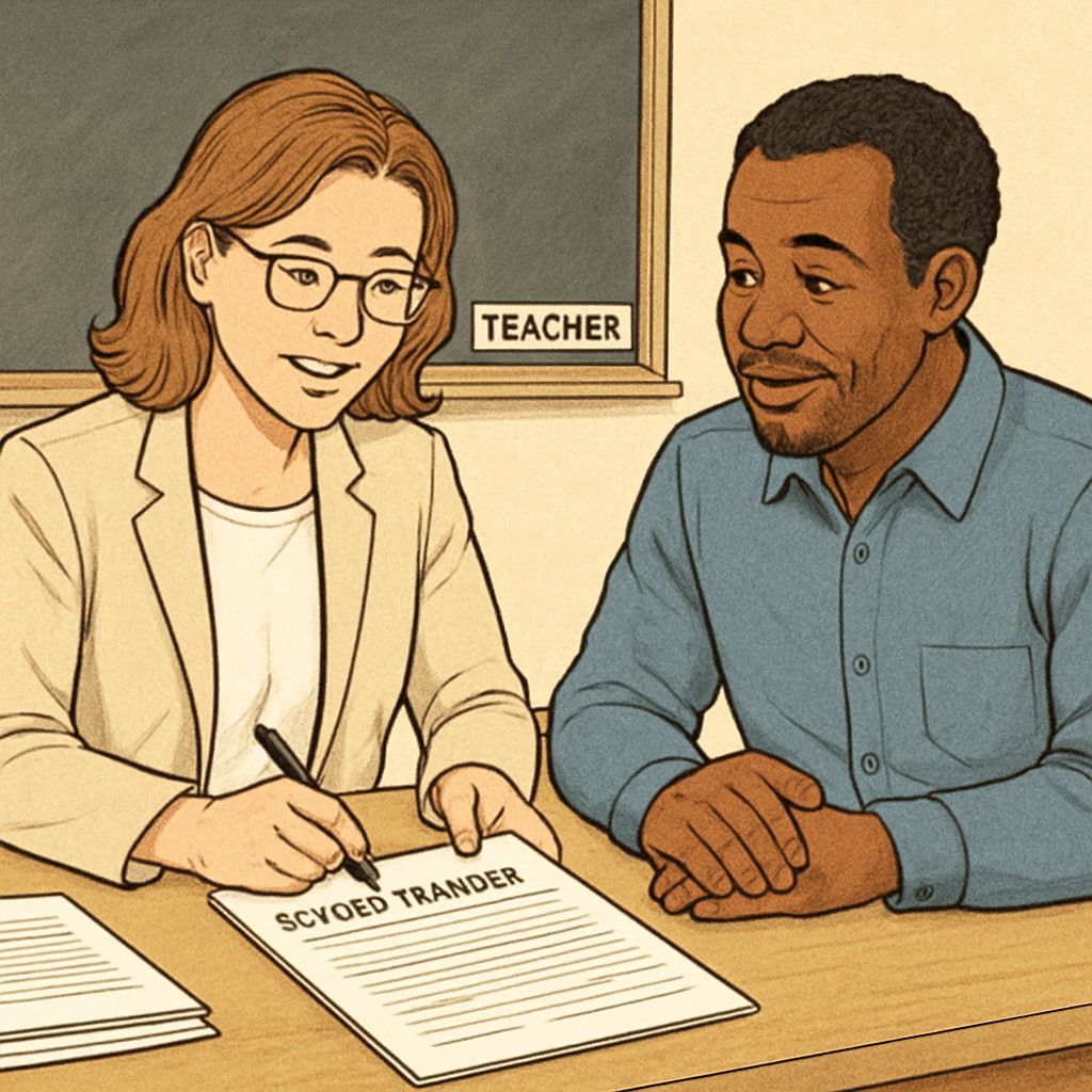 A teacher and a parent reviewing school transfer paperwork together. An image of a teacher assisting a parent with school transfer documents, symbolizing the need for support in the process.