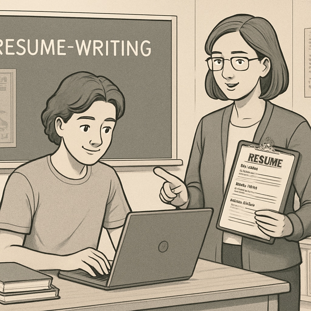 Student receiving resume help in a classroom, Canada-focused education.