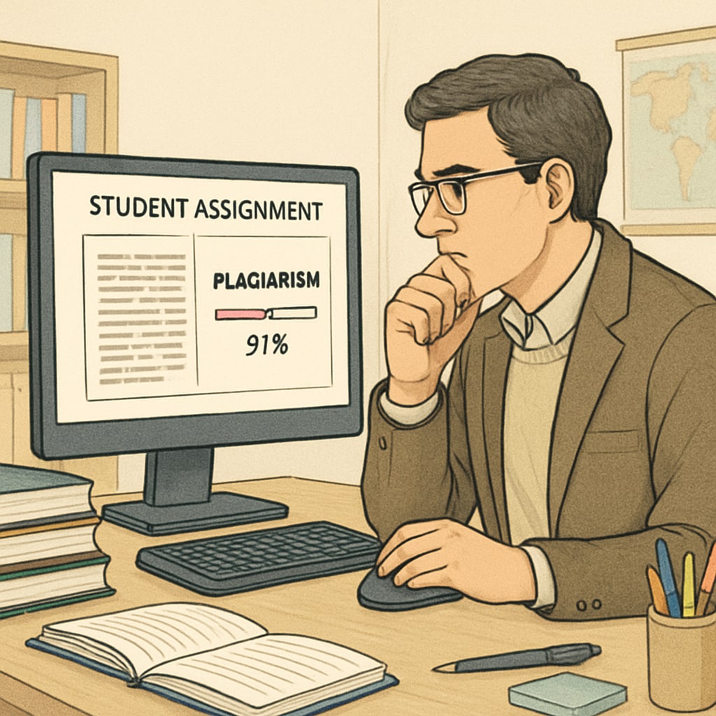 Teacher reviewing plagiarism detection results in a classroom setting.