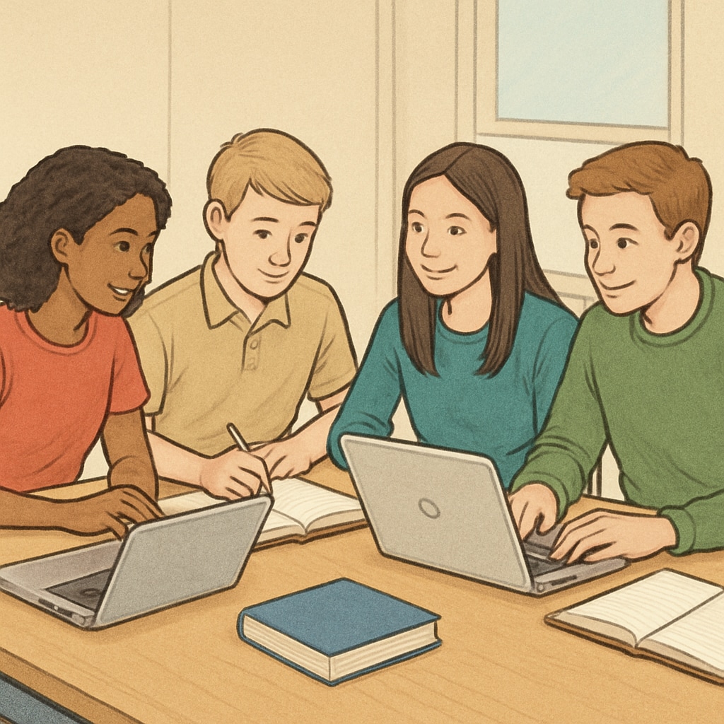 A group of high school students studying together with laptops and books, reflecting collaborative learning outside the classroom. High school students using laptops and books as part of supplementary educational resources.