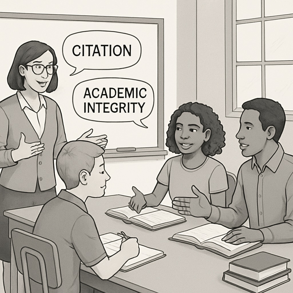 Students and teachers discussing citation rules to prevent plagiarism.