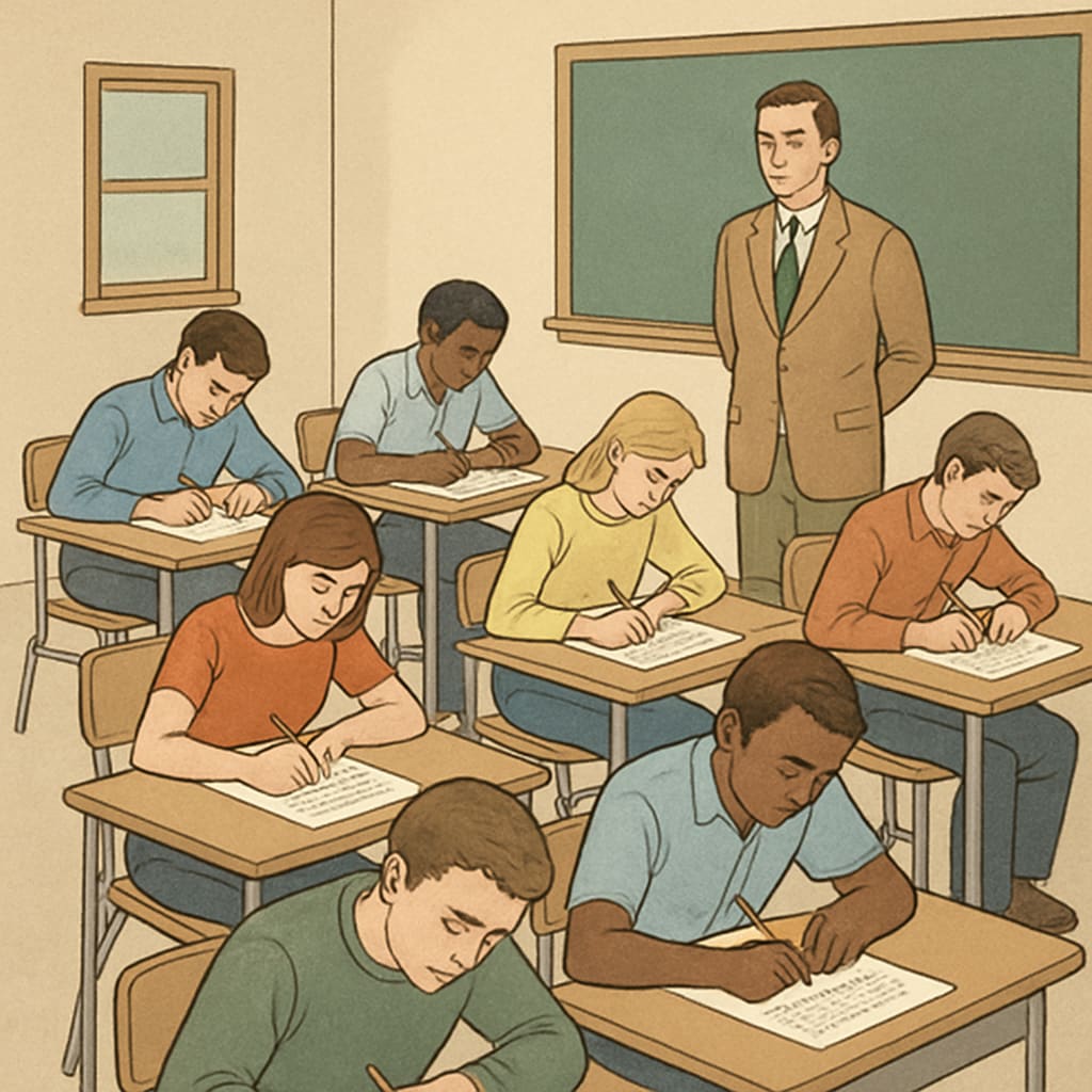 A classroom with students taking a traditional competitive exam, representing outdated methods of talent evaluation. Students in a classroom taking traditional competitive exams, highlighting the need for reform.